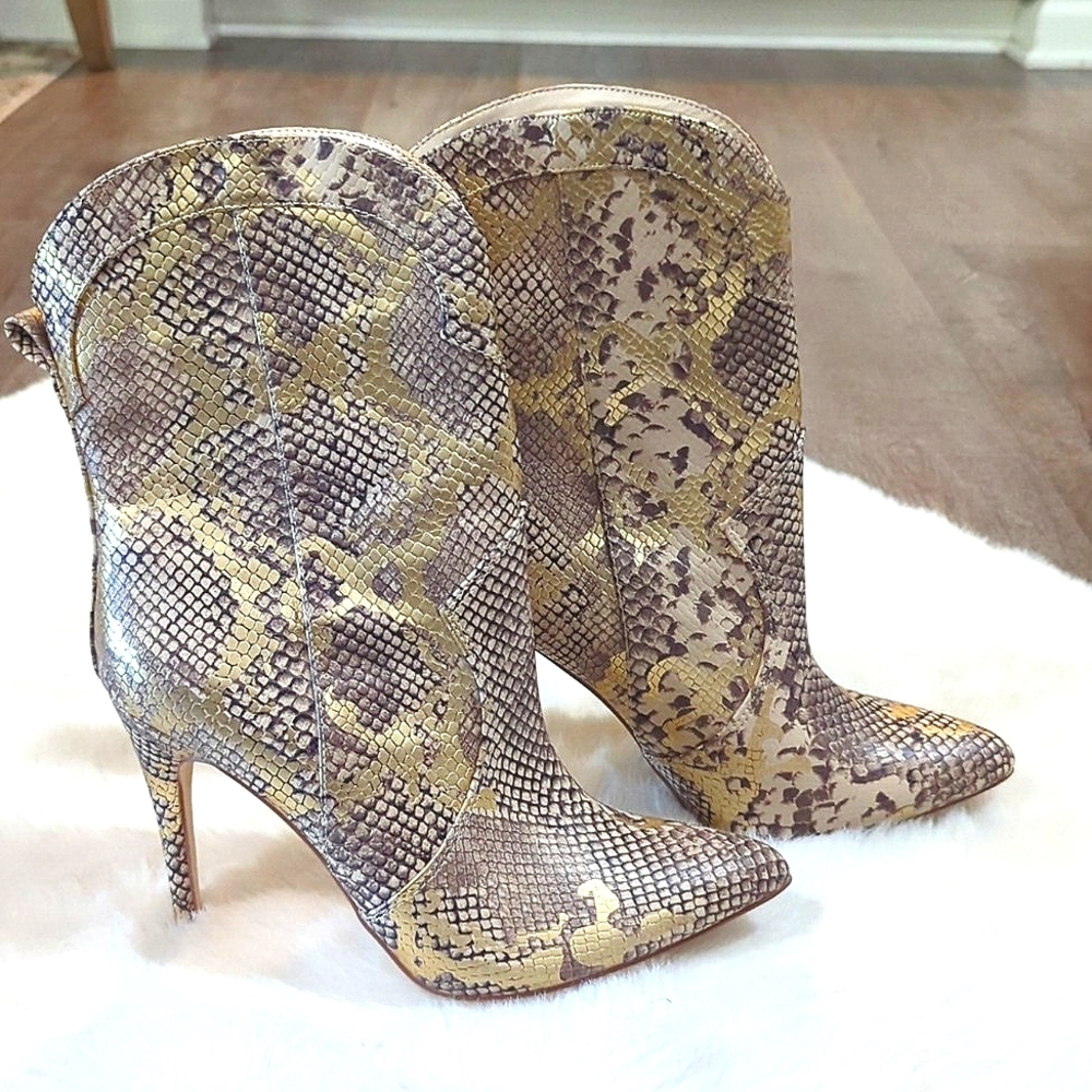 ANNE MICHELLE Snakeskin Print Metallic Heeled Boots